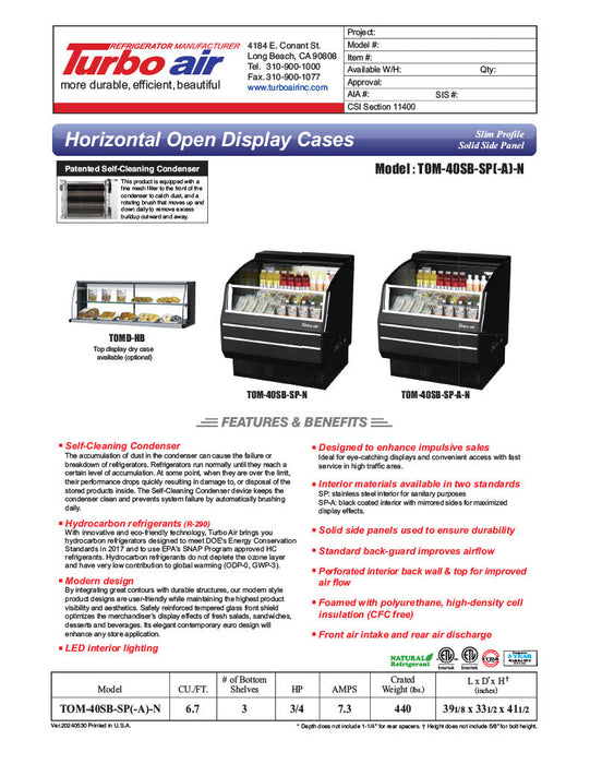 Turbo Air TOM-40SB-SP-N 39 1/8" Black Horizontal Open Air Cooler w/ (3) Levels, Stainless Steel Interior – Slim Line, 115v - Donut-Supplies.Com
