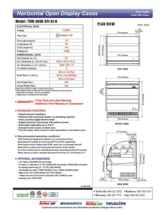 Turbo Air TOM-40SB-SP-N 39 1/8" Black Horizontal Open Air Cooler w/ (3) Levels, Stainless Steel Interior – Slim Line, 115v - Donut-Supplies.Com