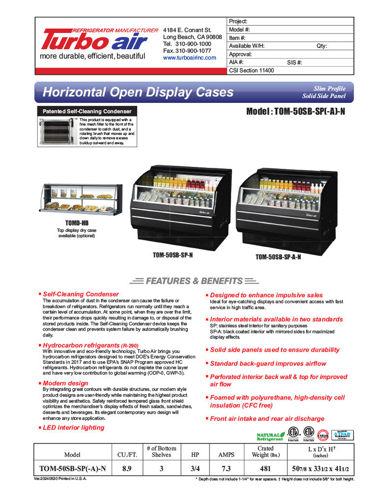 Turbo Air TOM-50SB-SP-N 50 7/8" Black Horizontal Open Air Cooler w/ (3) Levels, Stainless Steel Interior – Slim Line, 115v - Donut-Equipment.com