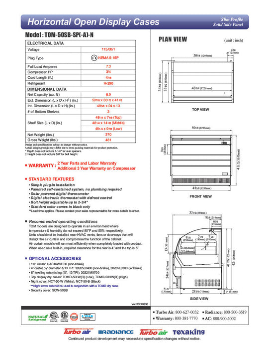 Turbo Air TOM-50SB-SP-N 50 7/8" Black Horizontal Open Air Cooler w/ (3) Levels, Stainless Steel Interior – Slim Line, 115v - Donut-Supplies.Com