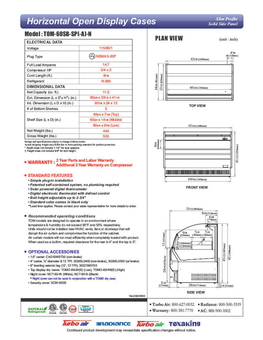 Turbo Air TOM-60SB-SP-N 63 3/8" Black Horizontal Open Air Cooler w/ (3) Levels, Stainless Steel Interior – Slim Line, 115v - Donut-Supplies.Com