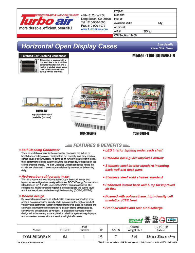Turbo Air TOM-30LB-N 28" Horizontal Open Air Cooler w/ (2) Levels – Low Profile, Black Exterior, 115v - Donut-Equipment.com