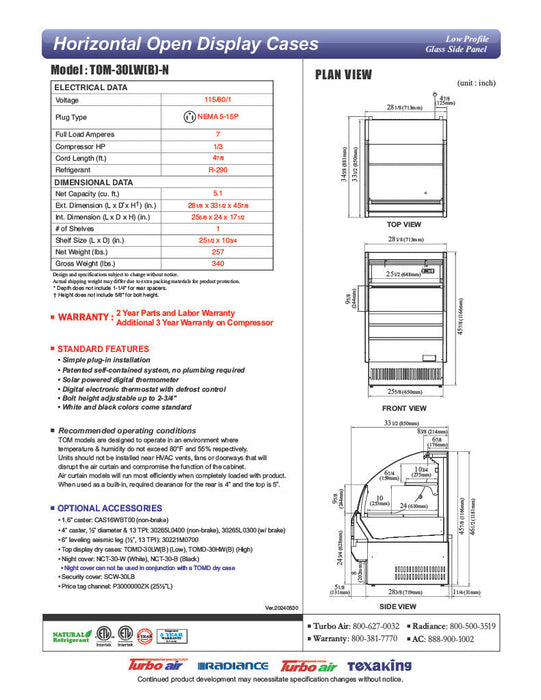 Turbo Air TOM-30LB-N 28" Horizontal Open Air Cooler w/ (2) Levels – Low Profile, Black Exterior, 115v - Donut-Supplies.Com