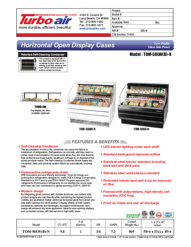 Turbo Air TOM-50LB-N 50" Horizontal Open Air Cooler w/ (2) Levels – Low Profile, Black Exterior, 115v - Donut-Equipment.com