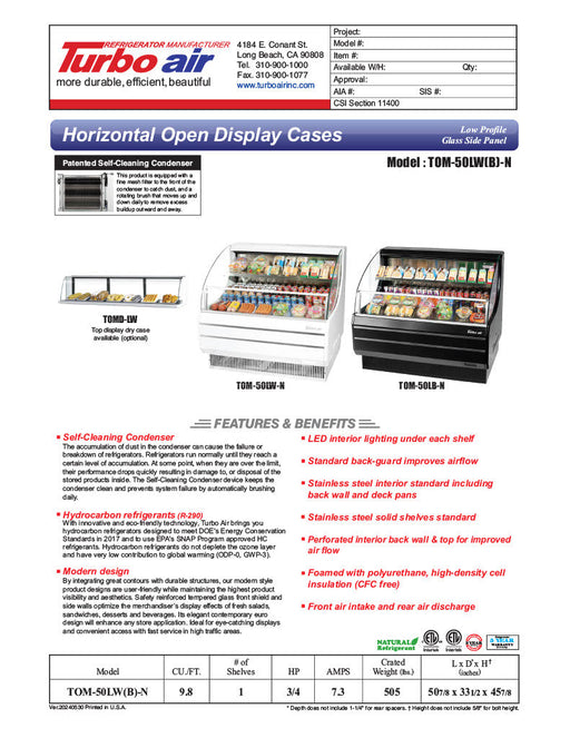 Turbo Air TOM-50LB-N 50" Horizontal Open Air Cooler w/ (2) Levels – Low Profile, Black Exterior, 115v - Donut-Equipment.com