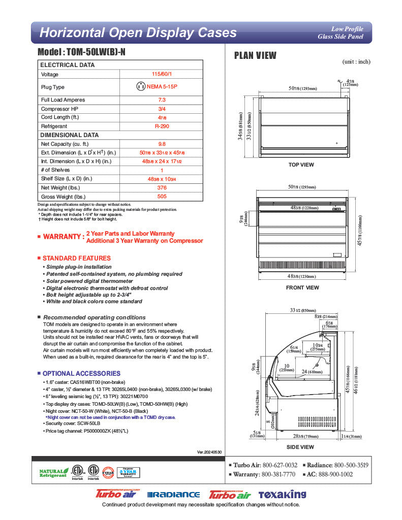 Turbo Air TOM-50LB-N 50" Horizontal Open Air Cooler w/ (2) Levels – Low Profile, Black Exterior, 115v - Donut-Equipment.com