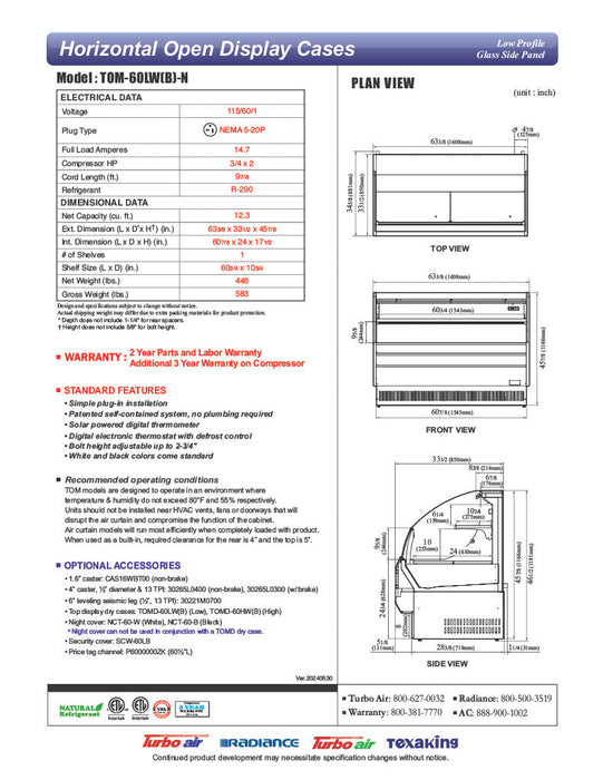 Turbo Air TOM-60LB-N 63 1/4" Horizontal Open Air Cooler w/ (2) Levels – Low Profile, Black Exterior, 115v - Donut-Supplies.Com