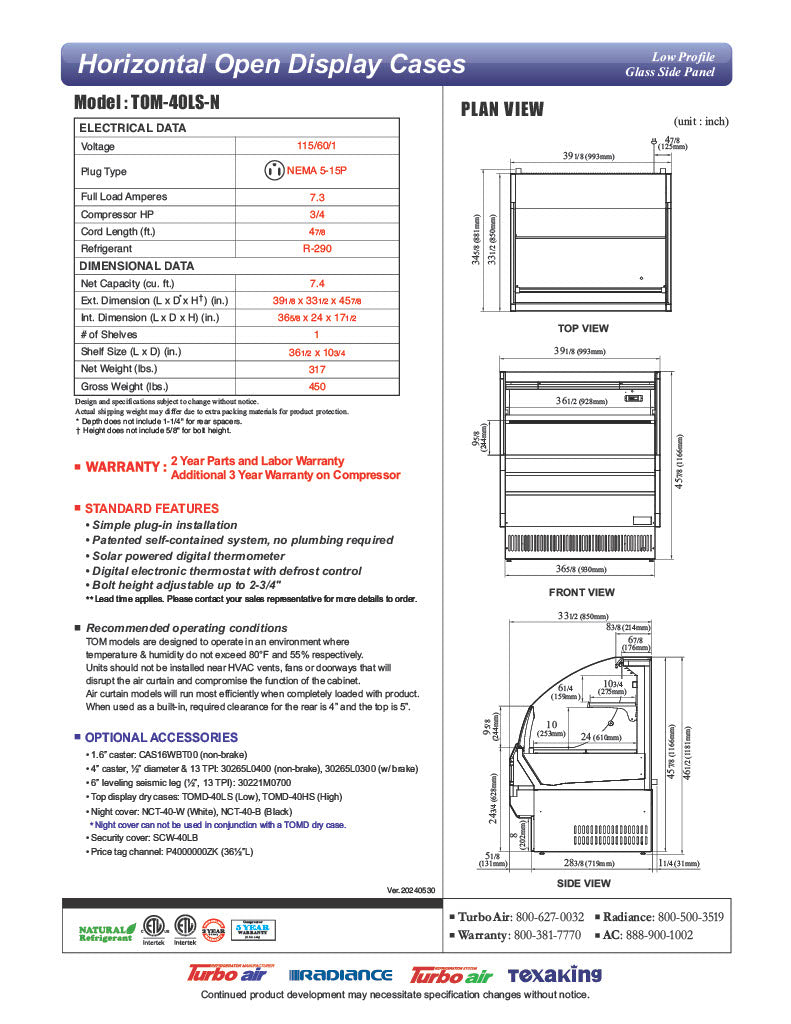 Turbo Air TOM-40LS-N 39" Low Profile Horizontal Open Air Cooler – Stainless Steel Display Merchandiser, (2) Levels, 115v - Donut-Equipment.com