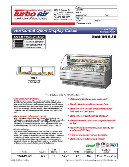 Turbo Air TOM-75LS-N 75" Low Profile Horizontal Open Air Cooler – Stainless Steel Refrigerated Curtain Merchandiser w/ (2) Levels, 115v - Donut-Supplies.Com