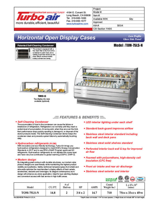 Turbo Air TOM-75LS-N 75" Low Profile Horizontal Open Air Cooler – Stainless Steel Refrigerated Curtain Merchandiser w/ (2) Levels, 115v - Donut-Supplies.Com