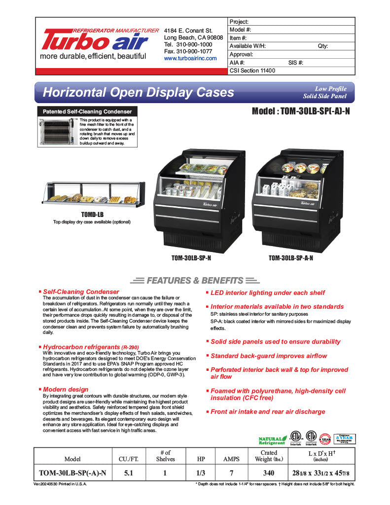 Turbo Air TOM-30LB-SP-N 28 1/8" Black Low Profile Horizontal Open Air Cooler – Refrigerated Curtain Merchandiser w/ (2) Levels, 115v - Donut-Equipment.com