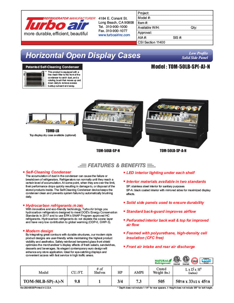 Turbo Air TOM-50LB-SP-N 50 7/8" Black Low Profile Horizontal Open Air Cooler – Refrigerated Curtain Merchandiser w/ (2) Levels, 115v - Donut-Equipment.com