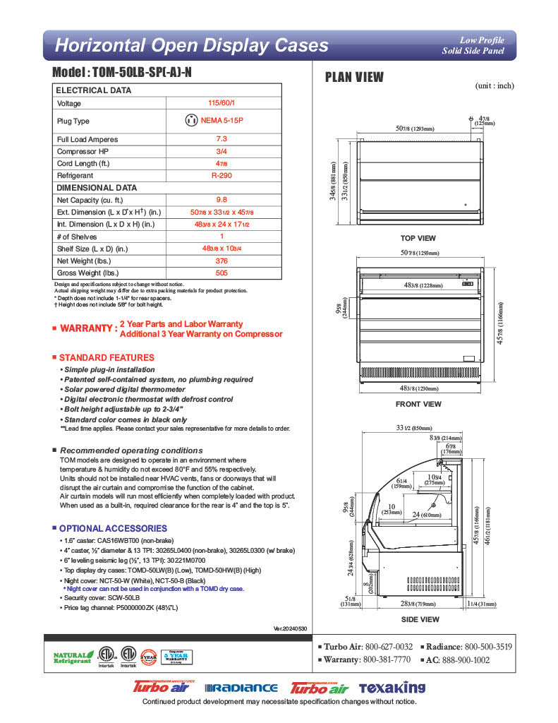 Turbo Air TOM-50LB-SP-N 50 7/8" Black Low Profile Horizontal Open Air Cooler – Refrigerated Curtain Merchandiser w/ (2) Levels, 115v - Donut-Equipment.com