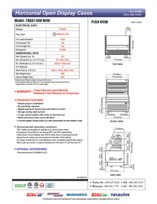 Turbo Air TBA37-50N-W 37" White Horizontal Refrigerated Open Display Merchandiser w/ (2) Shelves, 115v - Donut-Supplies.Com