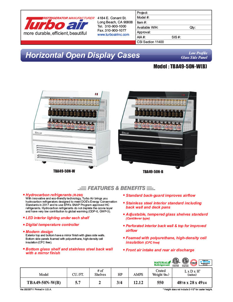 Turbo Air TBA49-50N-W 49" White Horizontal Refrigerated Open Display Merchandiser w/ (2) Shelves, 115v - Donut-Equipment.com