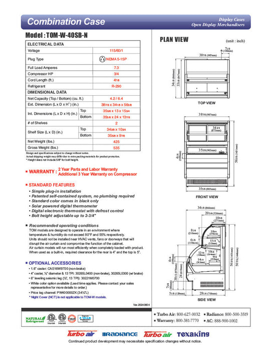 Turbo Air TOM-W-40SB-N 38 7/8" Black Horizontal Open Air Cooler w/ (4) Levels – Wide Display Merchandiser, 115v - Donut-Supplies.Com