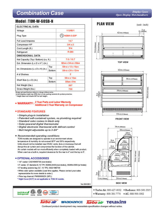 Turbo Air TOM-W-60SB-N 62 5/8" Black Horizontal Open Air Cooler w/ (4) Levels – Wide Display Merchandiser, 115v - Donut-Supplies.Com