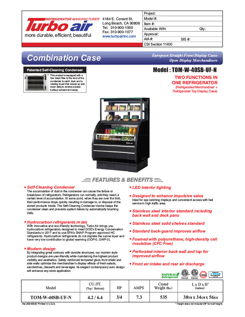 Turbo Air TOM-W-40SB-UF-N 38 7/8" Black Horizontal Open Air Cooler w/ (4) Levels – Ultra Front Display Merchandiser, 115v - Donut-Equipment.com