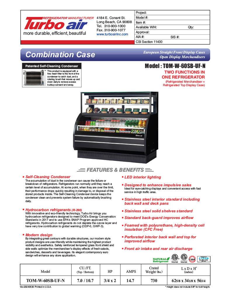 Turbo Air TOM-W-60SB-UF-N 62" Black Horizontal Open Air Cooler w/ (4) Levels – Ultra Front Display Merchandiser, 115v - Donut-Equipment.com
