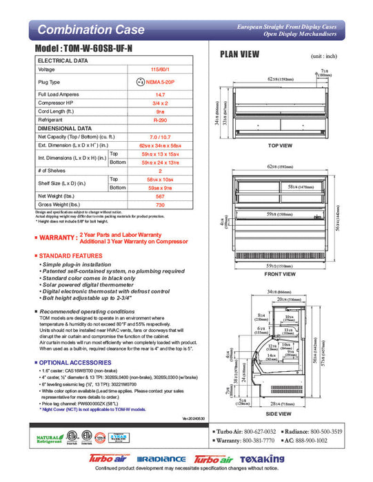 Turbo Air TOM-W-60SB-UF-N 62" Black Horizontal Open Air Cooler w/ (4) Levels – Ultra Front Display Merchandiser, 115v - Donut-Supplies.Com