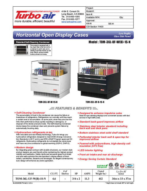 Turbo Air TOM-36L-UF-W-1S-N 34 3/4" White Low Profile Horizontal Open Air Cooler w/ (1) Level – Ultra Front Merchandiser, 115v - Donut-Equipment.com