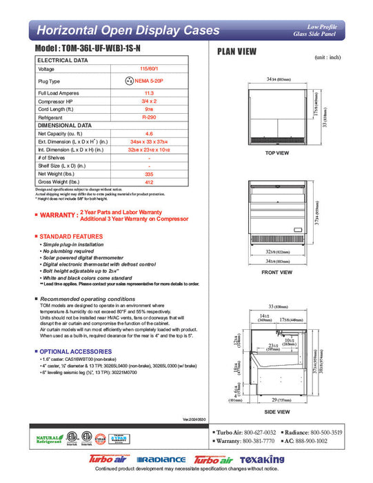 Turbo Air TOM-36L-UF-W-1S-N 34 3/4" White Low Profile Horizontal Open Air Cooler w/ (1) Level – Ultra Front Merchandiser, 115v - Donut-Equipment.com