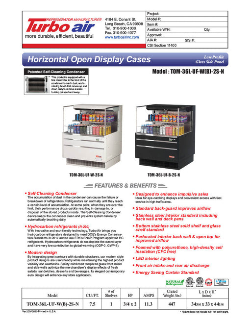 Turbo Air TOM-36L-UF-W-2S-N 34 3/4" White Low Profile Horizontal Open Air Cooler w/ (2) Levels – Ultra Front Merchandiser, 115v - Donut-Supplies.Com