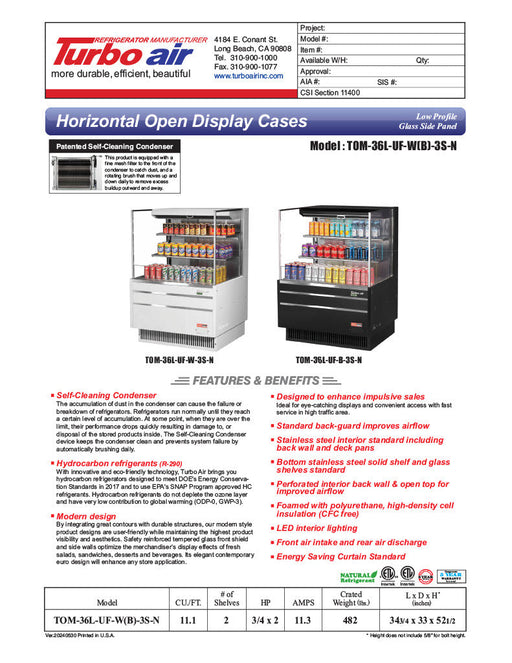 Turbo Air TOM-36L-UF-W-3S-N 34 3/4" White Low Profile Horizontal Open Air Cooler w/ (3) Levels – Ultra Front Merchandiser, 115v - Donut-Supplies.Com