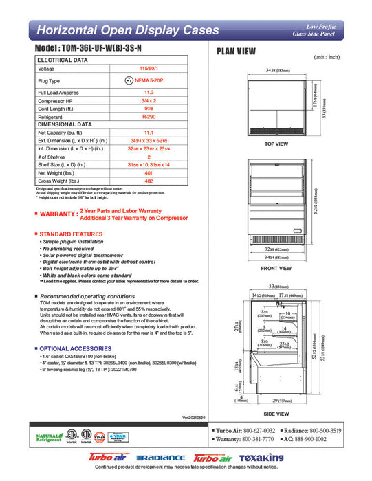 Turbo Air TOM-36L-UF-W-3S-N 34 3/4" White Low Profile Horizontal Open Air Cooler w/ (3) Levels – Ultra Front Merchandiser, 115v - Donut-Supplies.Com