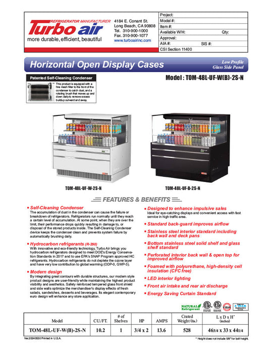 Turbo Air TOM-48L-UF-B-2S-N 46 3/4" Black Low Profile Horizontal Open Air Cooler w/ (2) Levels – Ultra Front Merchandiser, 115v - Donut-Supplies.Com