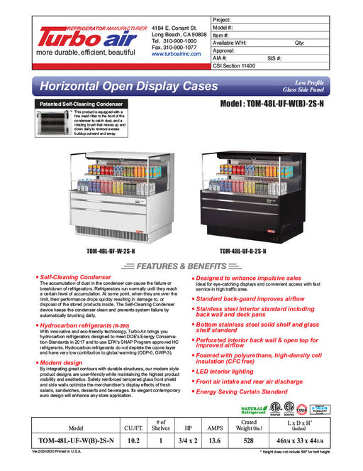 Turbo Air TOM-48L-UF-W-2S-N 46 3/4" White Low Profile Horizontal Open Air Cooler w/ (2) Levels – Ultra Front Merchandiser, 115v - Donut-Supplies.Com