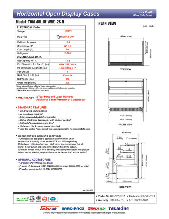 Turbo Air TOM-48L-UF-W-2S-N 46 3/4" White Low Profile Horizontal Open Air Cooler w/ (2) Levels – Ultra Front Merchandiser, 115v - Donut-Supplies.Com