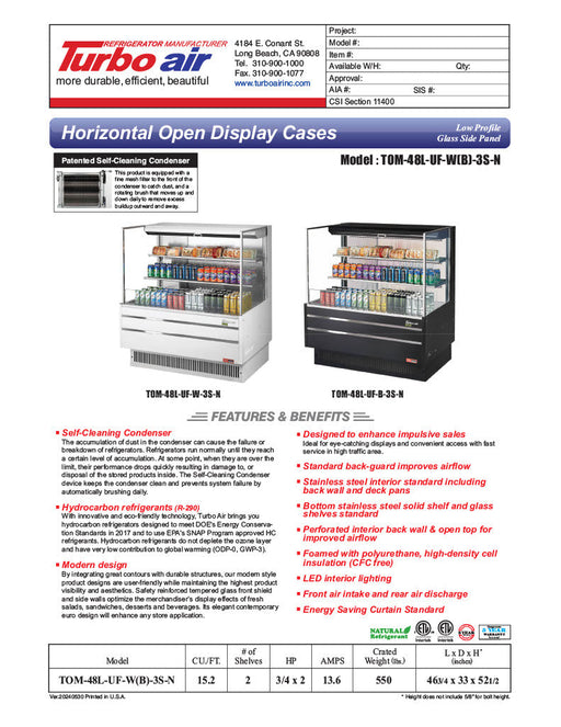 Turbo Air TOM-48L-UF-W-3S-N 46 3/4" White Low Profile Horizontal Open Air Cooler w/ (3) Levels – Ultra Front Merchandiser, 115v - Donut-Supplies.Com