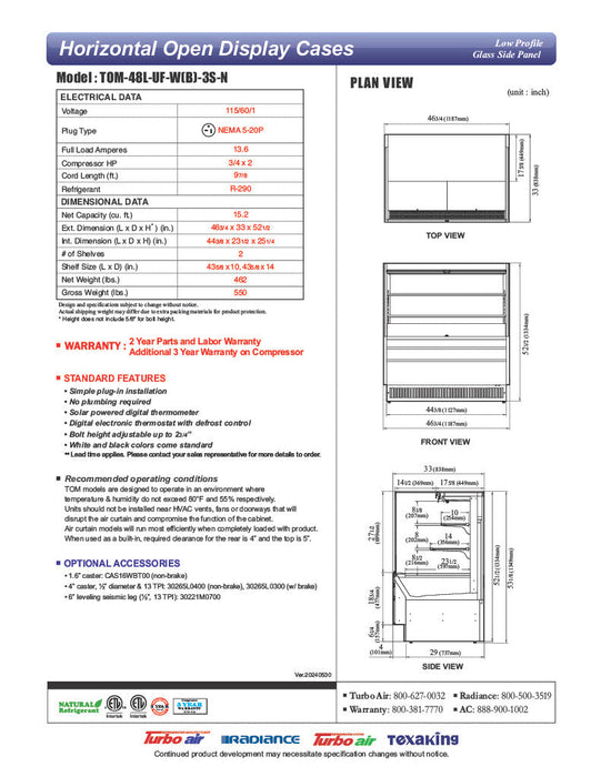 Turbo Air TOM-48L-UF-W-3S-N 46 3/4" White Low Profile Horizontal Open Air Cooler w/ (3) Levels – Ultra Front Merchandiser, 115v - Donut-Supplies.Com