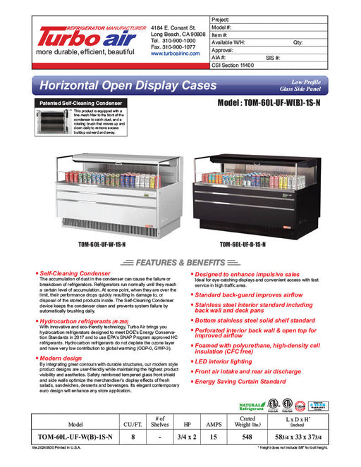 Turbo Air TOM-60L-UF-B-1S-N 58 3/4" Black Low Profile Horizontal Open Air Cooler w/ (1) Level – Ultra Front Merchandiser, 115v - Donut-Supplies.Com