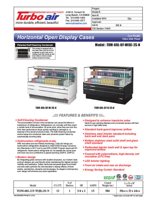 Turbo Air TOM-60L-UF-W-2S-N 58 3/4" White Low Profile Horizontal Open Air Cooler w/ (2) Levels – Ultra Front Merchandiser, 115v - Donut-Supplies.Com