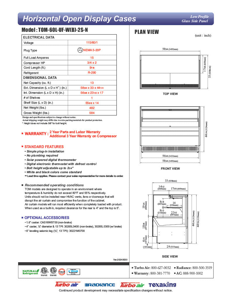 Turbo Air TOM-60L-UF-W-2S-N 58 3/4" White Low Profile Horizontal Open Air Cooler w/ (2) Levels – Ultra Front Merchandiser, 115v - Donut-Equipment.com