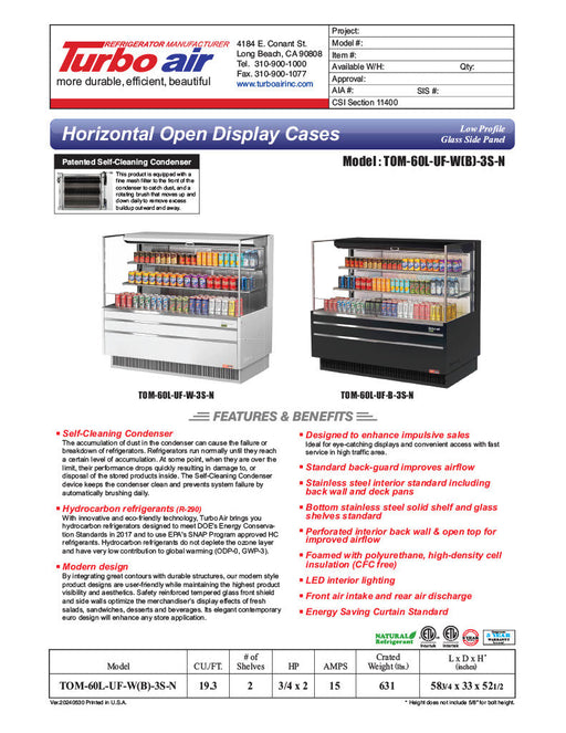 Turbo Air TOM-60L-UF-W-3S-N 58 3/4" White Low Profile Horizontal Open Air Cooler w/ (3) Levels – Ultra Front Merchandiser, 115v - Donut-Supplies.Com