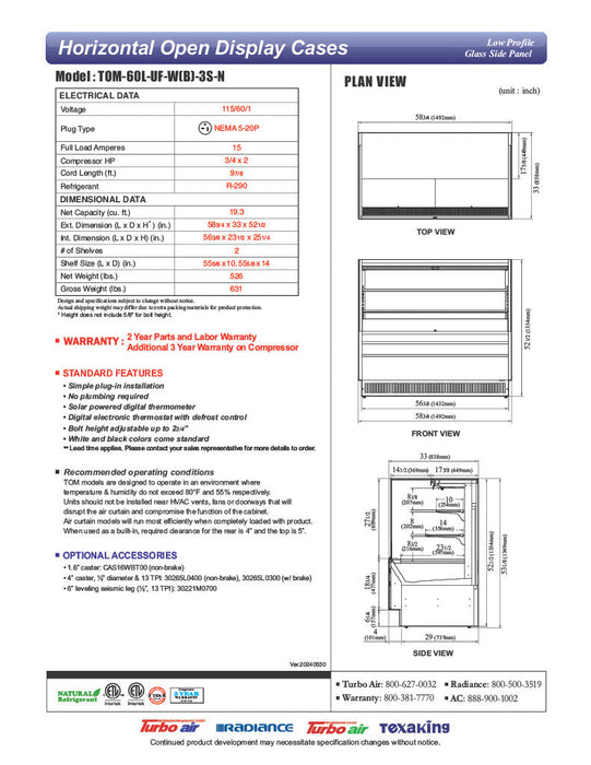 Turbo Air TOM-60L-UF-W-3S-N 58 3/4" White Low Profile Horizontal Open Air Cooler w/ (3) Levels – Ultra Front Merchandiser, 115v - Donut-Supplies.Com