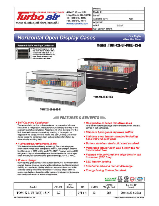 Turbo Air TOM-72L-UF-B-1S-N 70 3/4" Black Low Profile Horizontal Open Air Cooler w/ (1) Level – Ultra Front Merchandiser, 220v/1ph - Donut-Supplies.Com