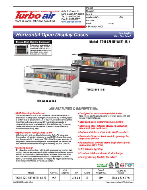 Turbo Air TOM-72L-UF-W-1S-N 70 3/4" White Low Profile Horizontal Open Air Cooler w/ (1) Level – Ultra Front Merchandiser, 220v/1ph - Donut-Equipment.com