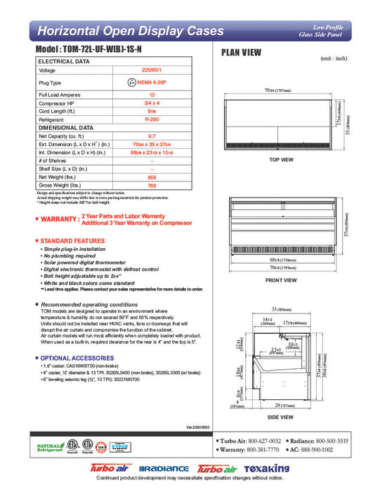 Turbo Air TOM-72L-UF-W-1S-N 70 3/4" White Low Profile Horizontal Open Air Cooler w/ (1) Level – Ultra Front Merchandiser, 220v/1ph - Donut-Supplies.Com