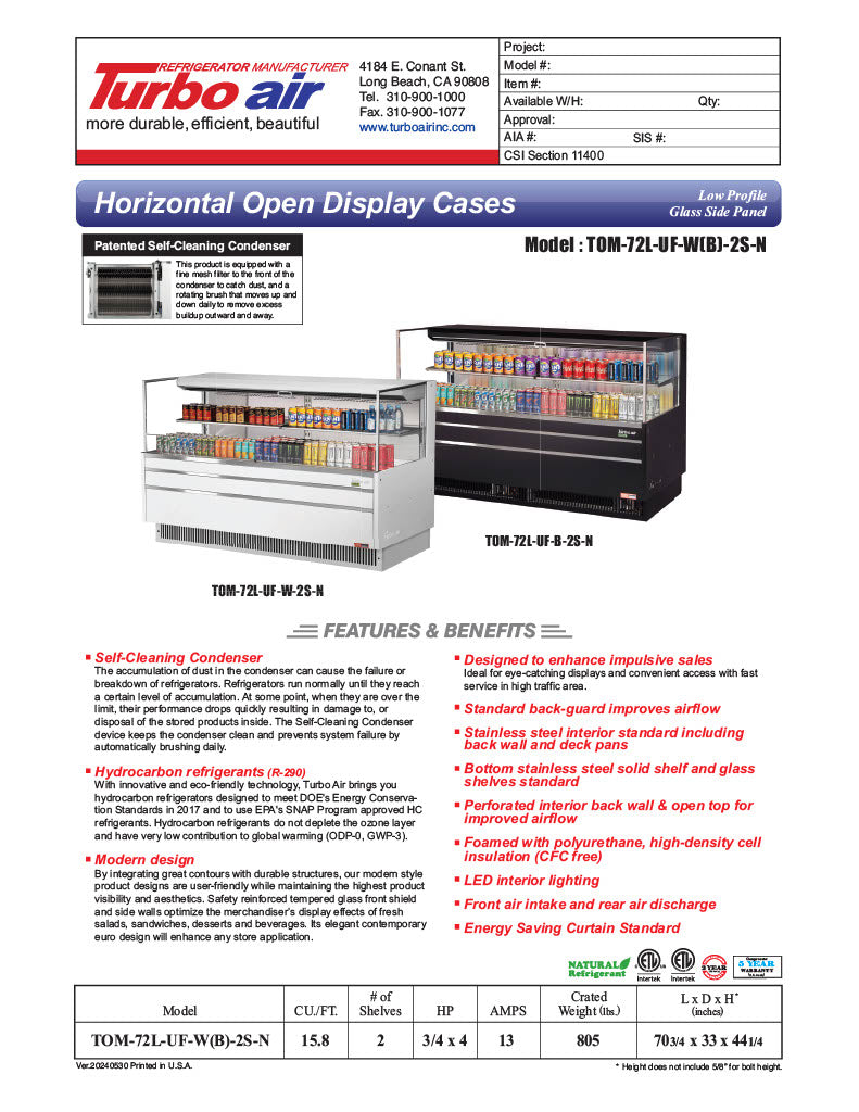 Turbo Air TOM-72L-UF-W-2S-N 70 3/4" White Low Profile Horizontal Open Air Cooler w/ (2) Levels – Ultra Front Merchandiser, 220v/1ph - Donut-Equipment.com
