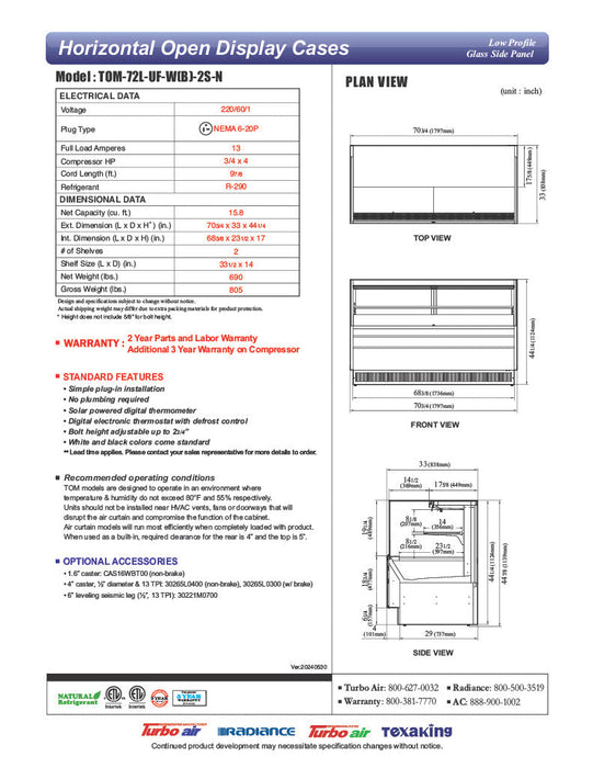 Turbo Air TOM-72L-UF-W-2S-N 70 3/4" White Low Profile Horizontal Open Air Cooler w/ (2) Levels – Ultra Front Merchandiser, 220v/1ph - Donut-Supplies.Com