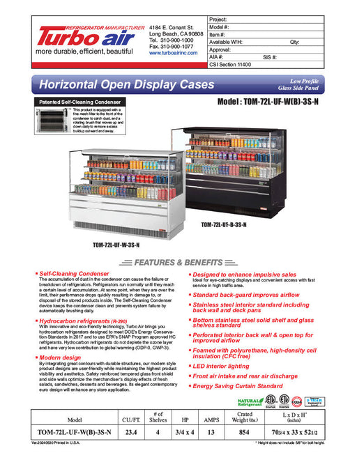 Turbo Air TOM-72L-UF-W-3S-N 70 3/4" White Low Profile Horizontal Open Air Cooler w/ (3) Levels – Ultra Front Merchandiser, 220v/1ph - Donut-Supplies.Com