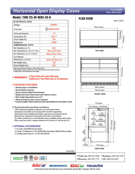Turbo Air TOM-72L-UF-W-3S-N 70 3/4" White Low Profile Horizontal Open Air Cooler w/ (3) Levels – Ultra Front Merchandiser, 220v/1ph - Donut-Supplies.Com