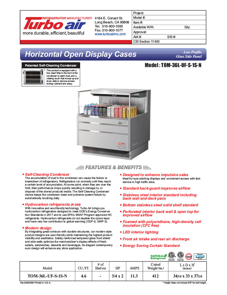 Turbo Air TOM-36L-UF-S-1S-N 35" Stainless Steel Low Profile Horizontal Open Air Cooler w/ (1) Level – Ultra Front Merchandiser, 115v - Donut-Equipment.com