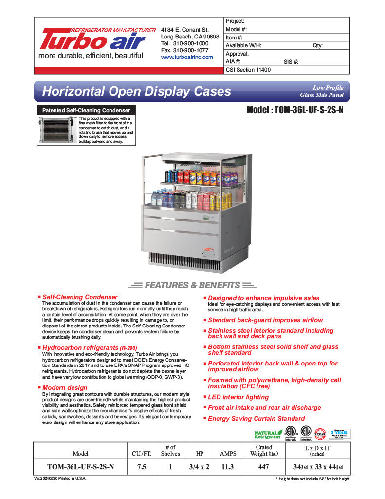 Turbo Air TOM-36L-UFD-S-2S-N 34 3/4" Stainless Steel Low Profile Horizontal Open Air Cooler w/ (2) Levels – Ultra Front Merchandiser, 115v - Donut-Equipment.com