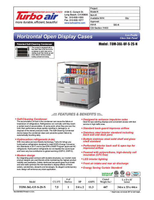 Turbo Air TOM-36L-UFD-S-2S-N 34 3/4" Stainless Steel Low Profile Horizontal Open Air Cooler w/ (2) Levels – Ultra Front Merchandiser, 115v - Donut-Supplies.Com