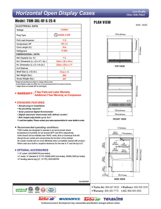 Turbo Air TOM-36L-UFD-S-2S-N 34 3/4" Stainless Steel Low Profile Horizontal Open Air Cooler w/ (2) Levels – Ultra Front Merchandiser, 115v - Donut-Supplies.Com